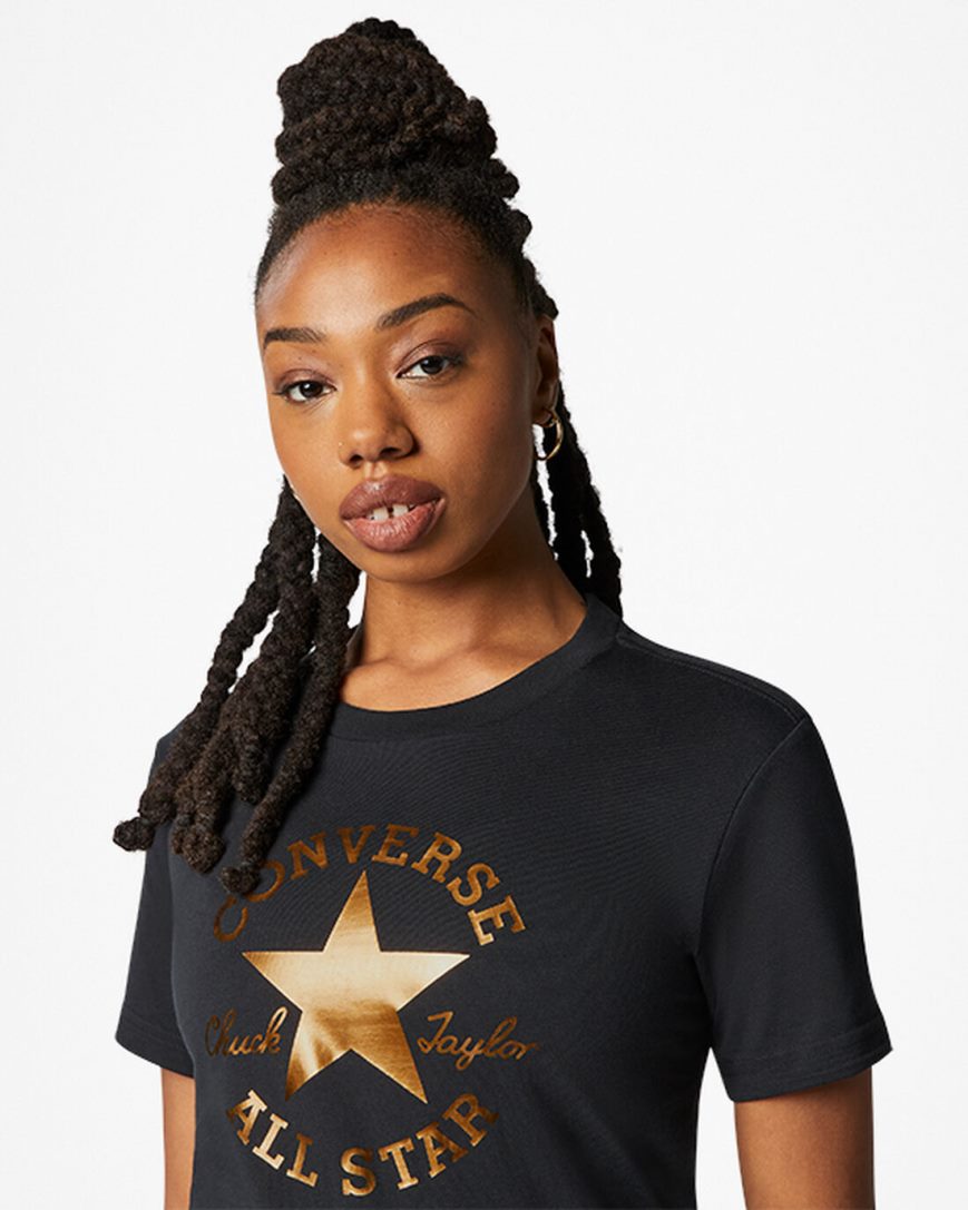 Women's Converse Metallic Chuck Taylor Patch Classic Fit T-Shirts Black | AU 90C45I